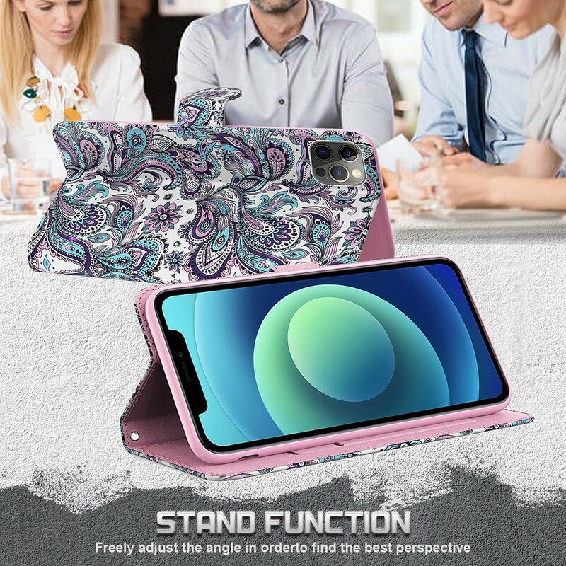 Nahkakotelo iPhone 13 Pro Max Kukkakuvioita