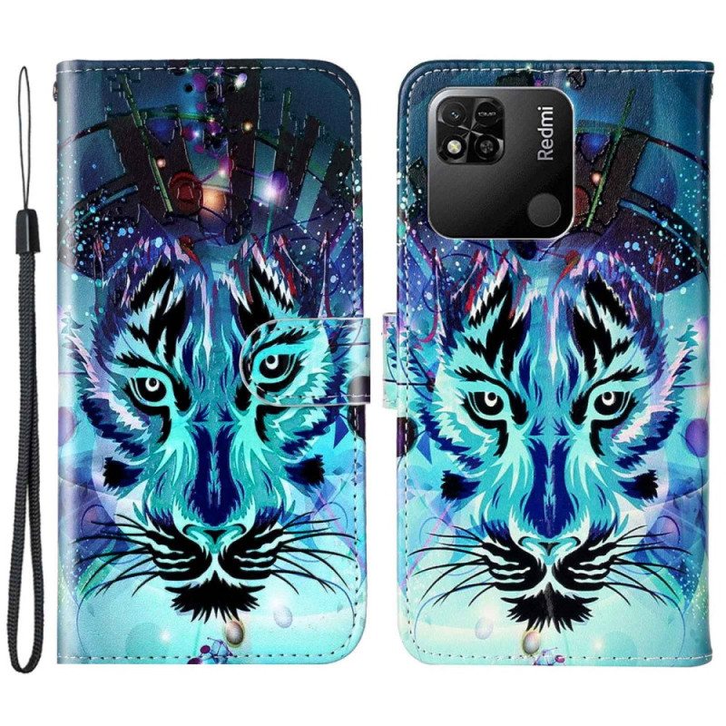 Nahkakotelo Xiaomi Redmi 10A Tiikeri Kaulanauhalla