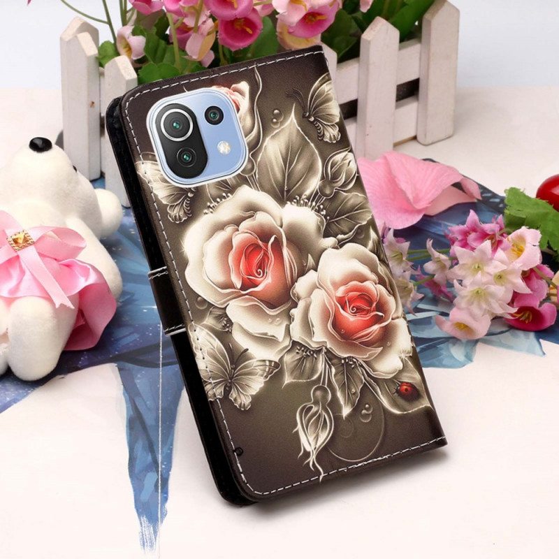 Nahkakotelo Xiaomi Mi 11 Lite 4G / 5G / 5G NE Kultaiset Ruusut