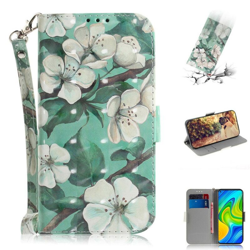 Flip Case Xiaomi Redmi Note 9 Suojaketju Kuori Kukkiva Oksa Hihnalla