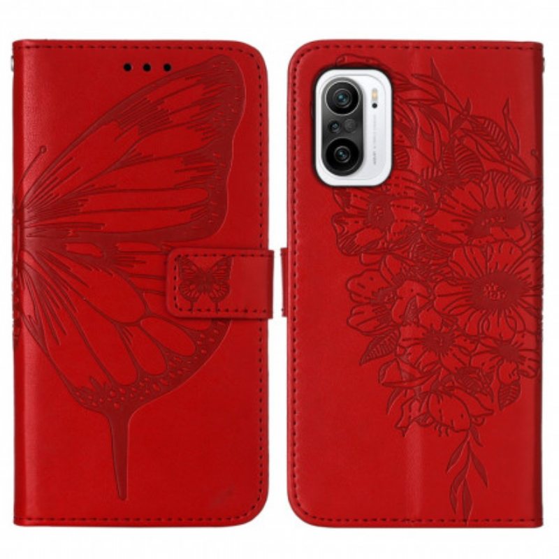 Kotelot Poco F3 Butterfly Design Kaulanauhalla