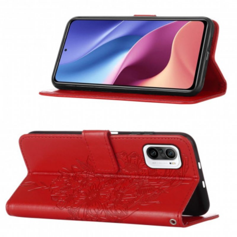Kotelot Poco F3 Butterfly Design Kaulanauhalla