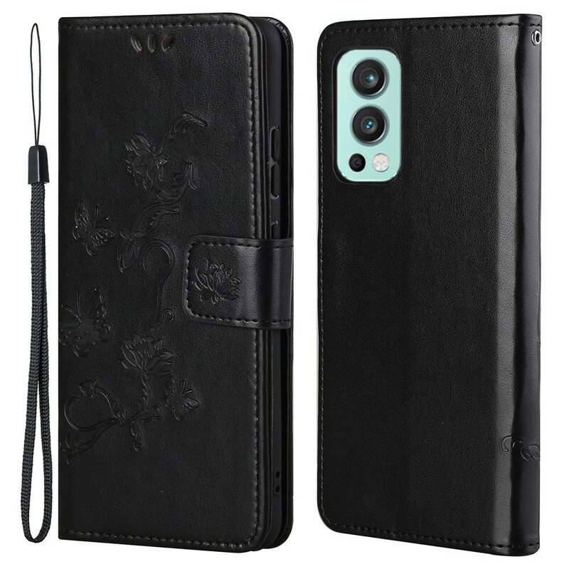 Nahkakotelo OnePlus Nord 2 5G Suojaketju Kuori Stringit Perhosia Ja Kukkia