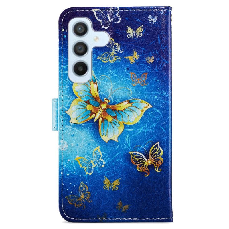 Flip Case Samsung Galaxy A34 5G Suojaketju Kuori Kultaiset Perhoset Hihnalla