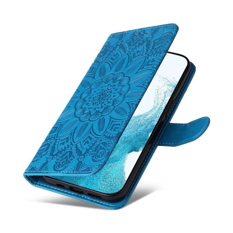 Nahkakotelo Samsung Galaxy A34 5G Mandala-aurinko Kaulanauhalla