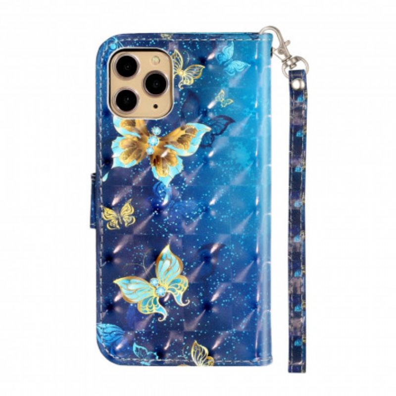 Kotelot iPhone 11 Pro Max Vaaleapilkkuperhoset Kaulanauhalla