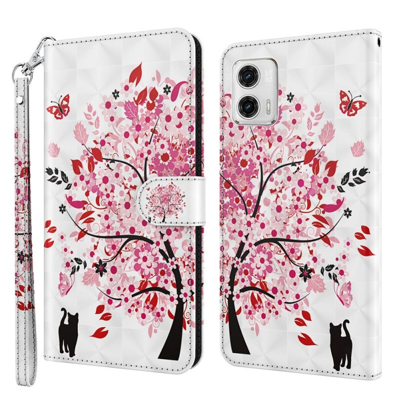 Flip Case Moto G73 5G Suojaketju Kuori Punainen Puu Hihnalla