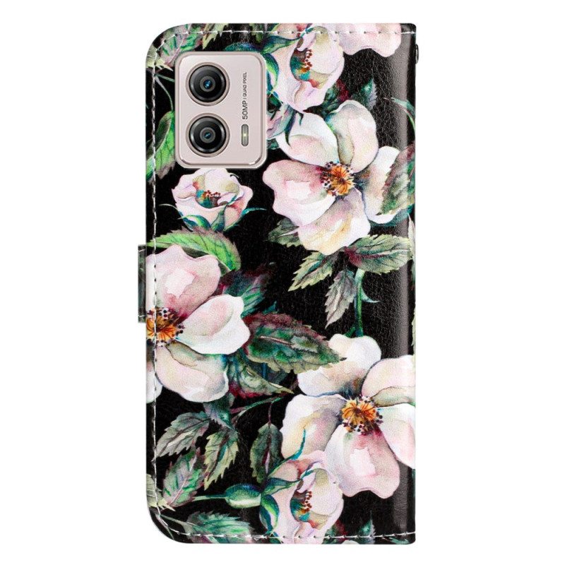 Nahkakotelo Moto G73 5G Suojaketju Kuori Hihna Magnolias