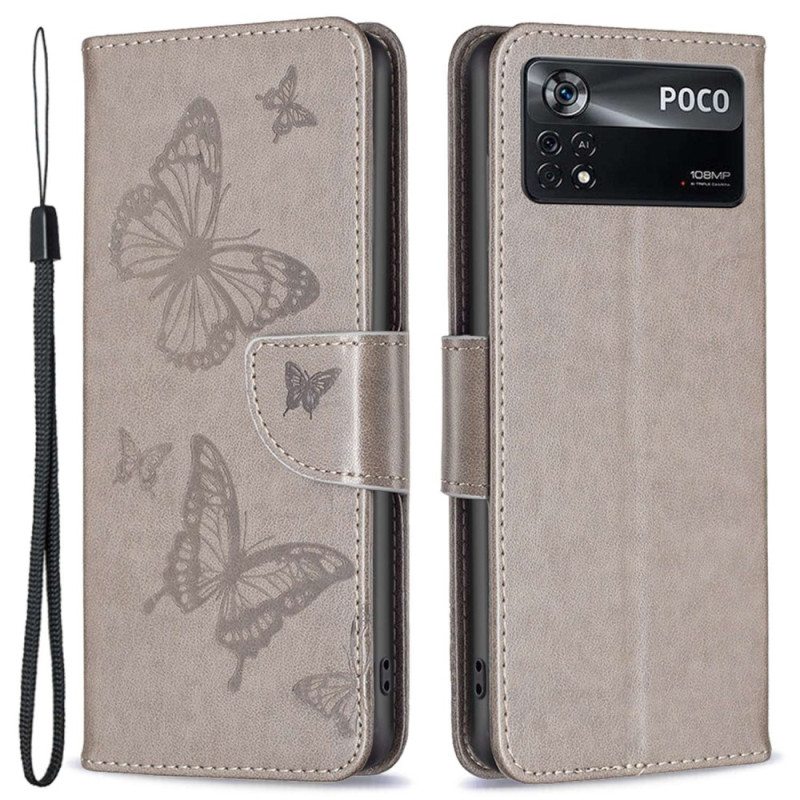 Nahkakotelo Poco X4 Pro 5G Suojaketju Kuori Strap Butterflies Print
