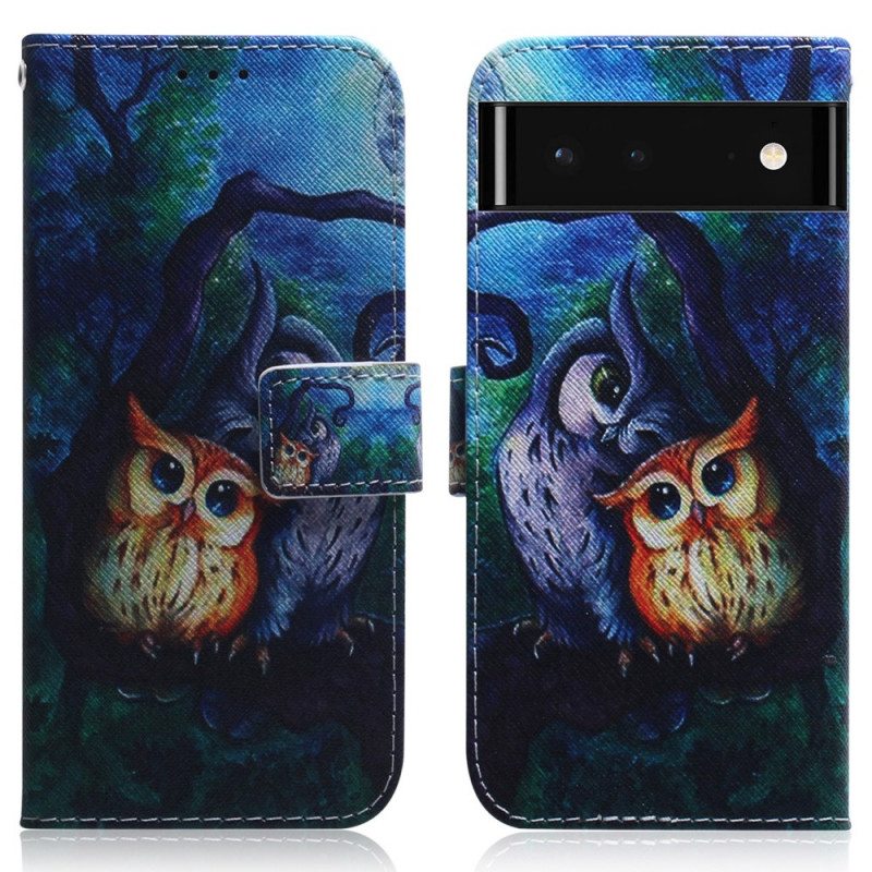 Nahkakotelo Google Pixel 6 Pöllöjen Maalaus