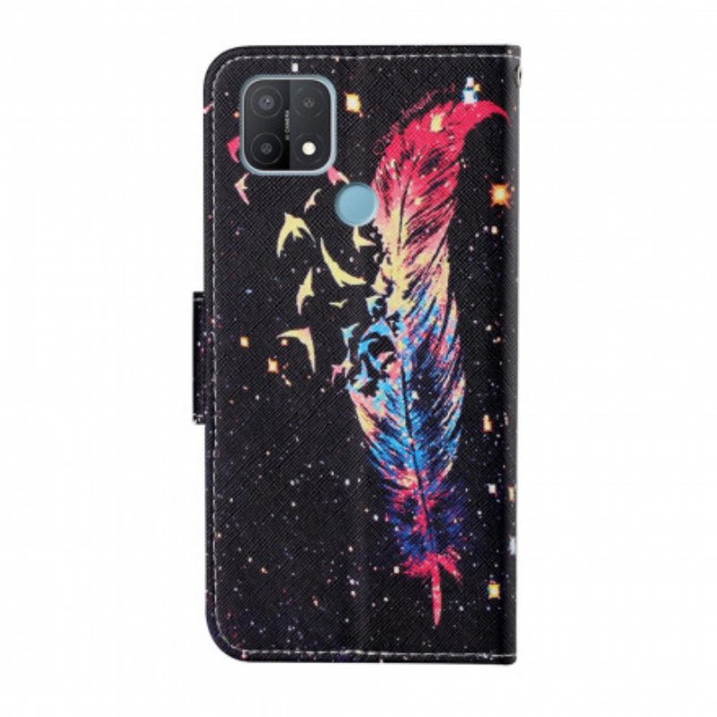 Flip Case Oppo A15 Suojaketju Kuori Värikäs Sulka Hihnalla