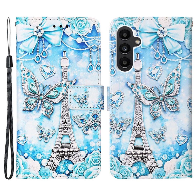 Kotelot Samsung Galaxy A15 Puhelinkuoret Eiffel-torni Ja Perhosia Hihnalla