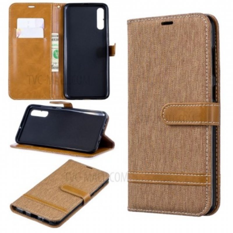Flip Case Samsung Galaxy A70 Suojaketju Kuori Kangas- Ja Nahkaefektihihna