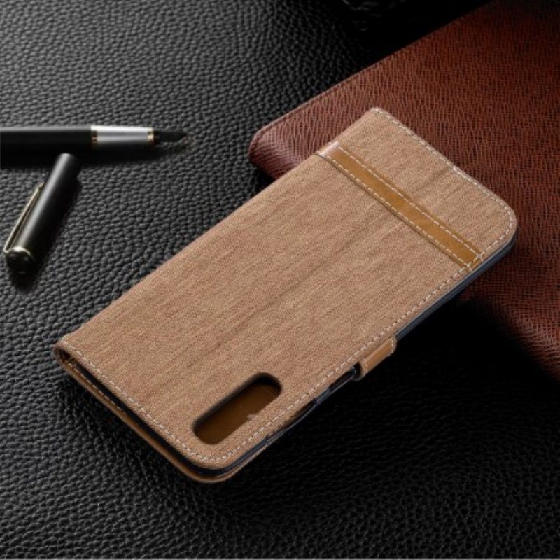 Flip Case Samsung Galaxy A70 Suojaketju Kuori Kangas- Ja Nahkaefektihihna