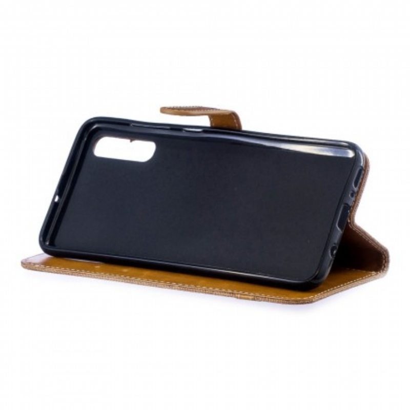 Flip Case Samsung Galaxy A70 Suojaketju Kuori Kangas- Ja Nahkaefektihihna