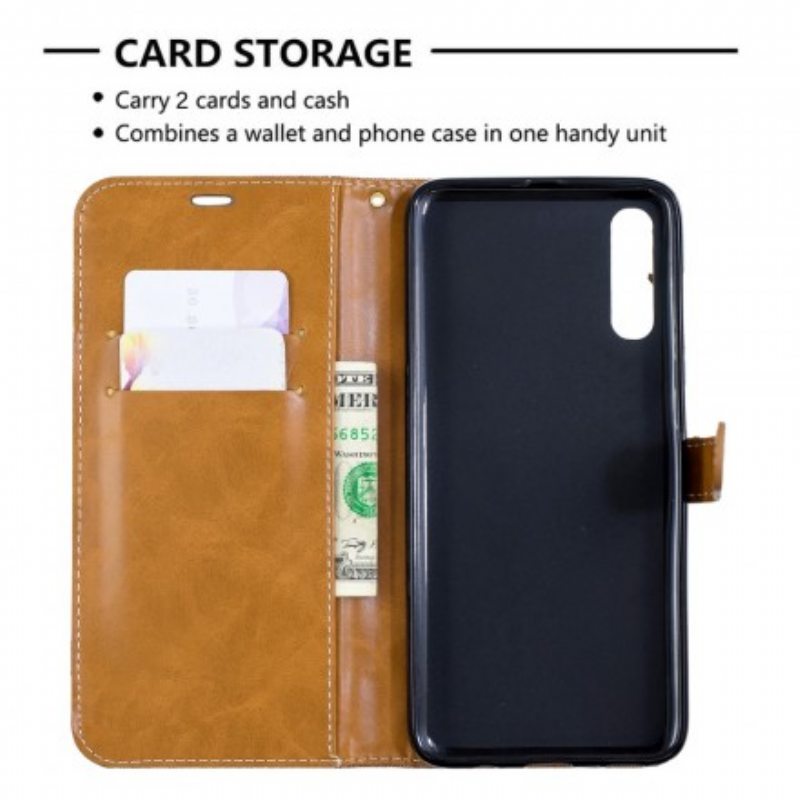Flip Case Samsung Galaxy A70 Suojaketju Kuori Kangas- Ja Nahkaefektihihna