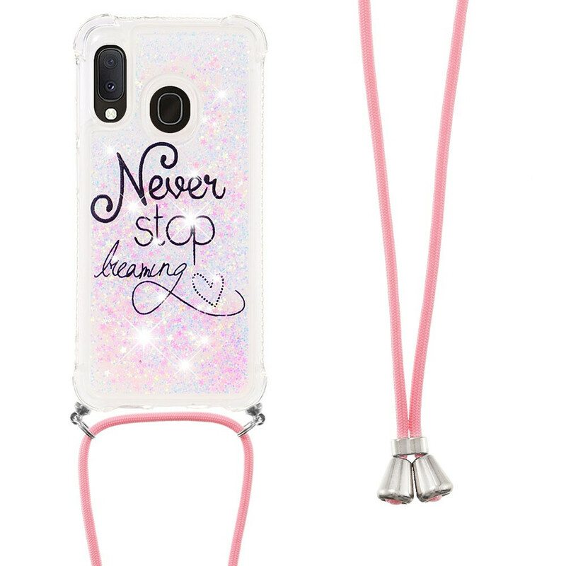Case Samsung Galaxy A20e Kiristysnyörillä Älä Koskaan Lopeta Glitter-vetonauhaa