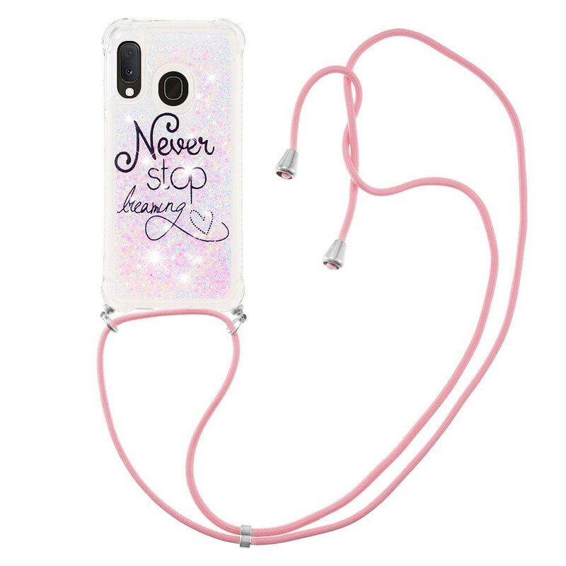 Case Samsung Galaxy A20e Kiristysnyörillä Älä Koskaan Lopeta Glitter-vetonauhaa
