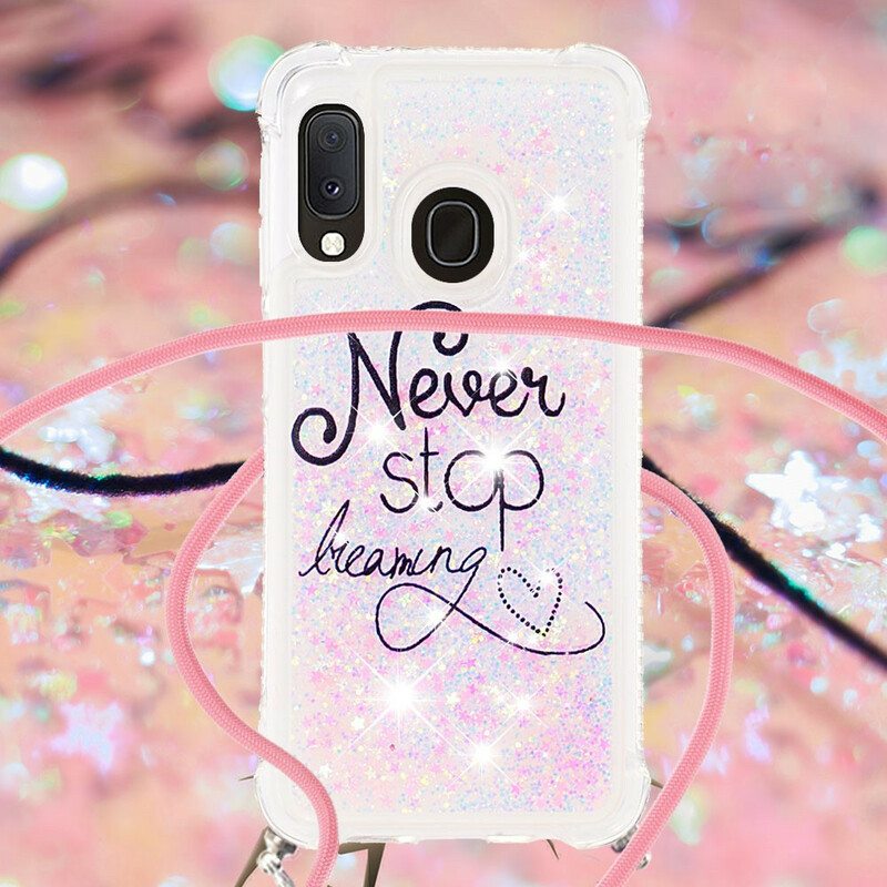 Case Samsung Galaxy A20e Kiristysnyörillä Älä Koskaan Lopeta Glitter-vetonauhaa