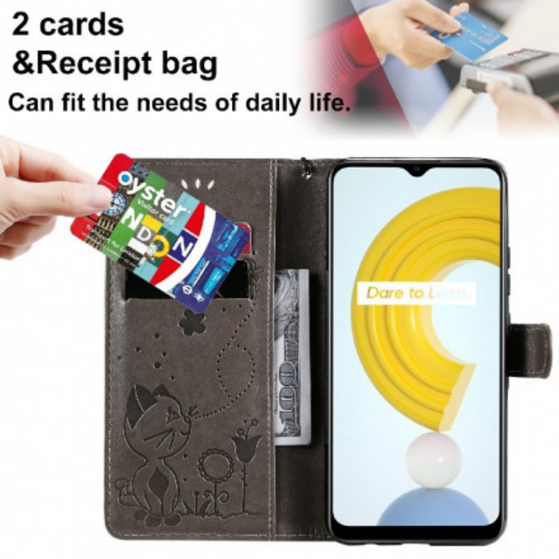 Kotelot Realme C21 Suojaketju Kuori Kissa Ja Mehiläinen Kaulanauhalla