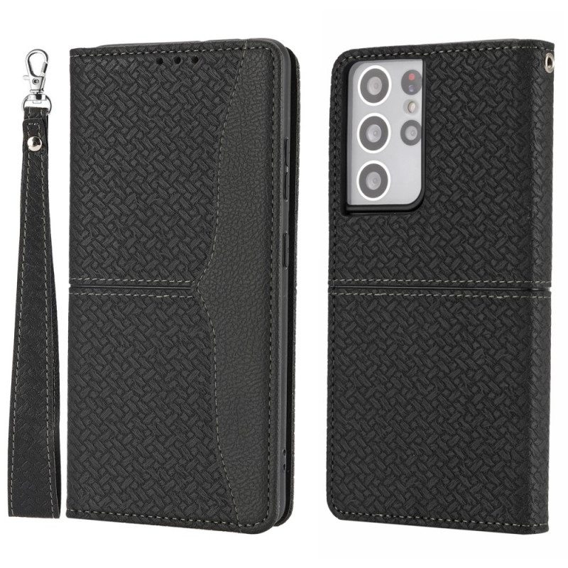 Nahkakotelo Samsung Galaxy S21 Ultra 5G Suojaketju Kuori Strappy Woven Leather Style