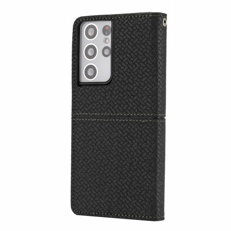 Nahkakotelo Samsung Galaxy S21 Ultra 5G Suojaketju Kuori Strappy Woven Leather Style