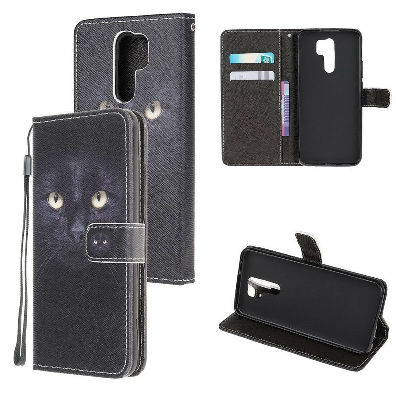 Nahkakotelo Xiaomi Redmi 9 Suojaketju Kuori Strappy Black Cat Eyes