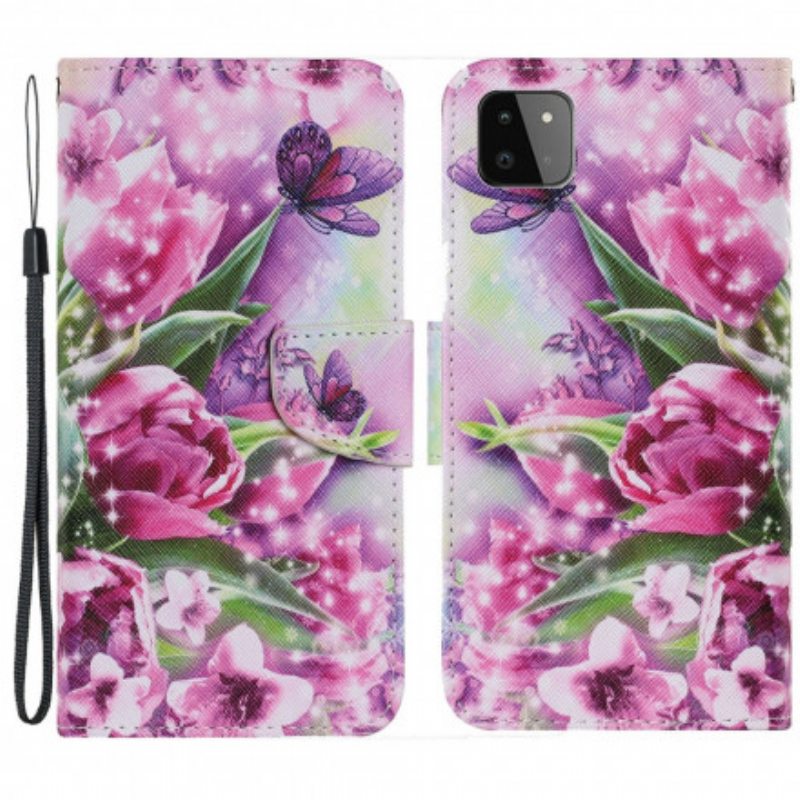 Flip Case Samsung Galaxy A22 5G Perhosia Ja Tulppaanit
