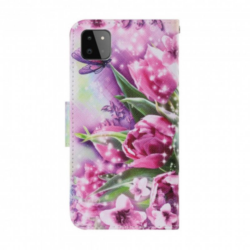 Flip Case Samsung Galaxy A22 5G Perhosia Ja Tulppaanit