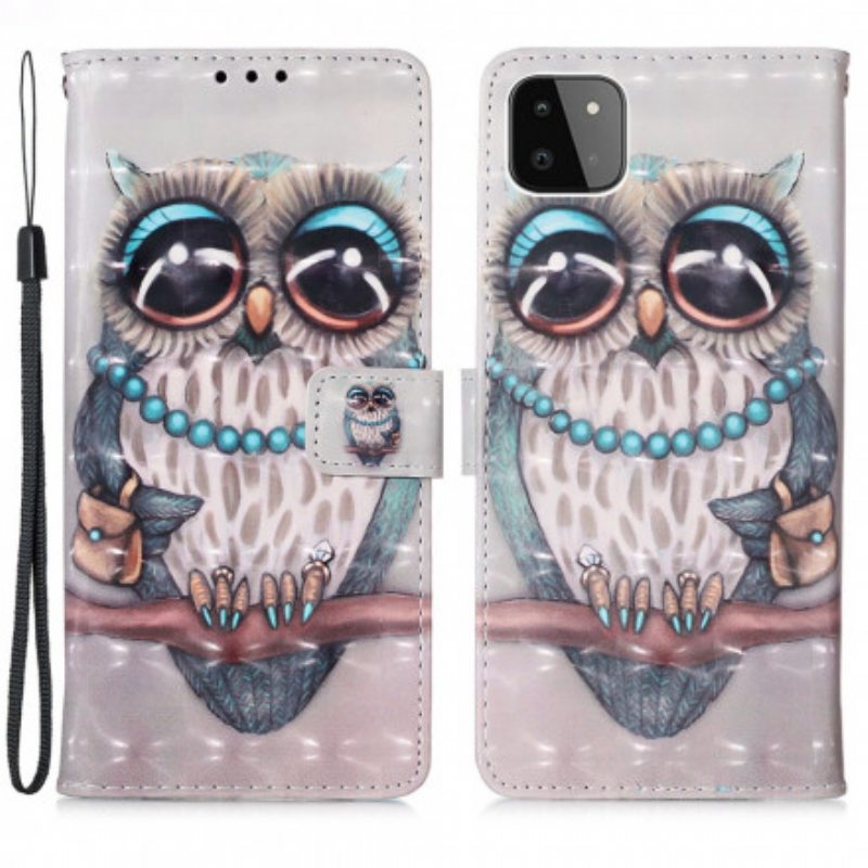 Flip Case Samsung Galaxy A22 5G Suojaketju Kuori Neiti Pöllö Hihnalla