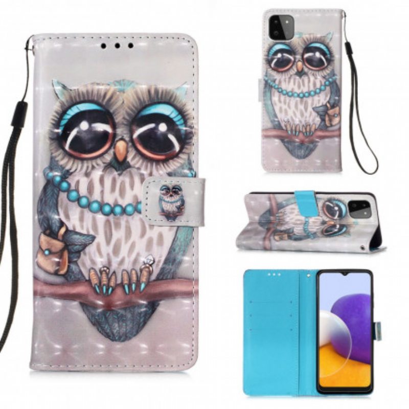 Flip Case Samsung Galaxy A22 5G Suojaketju Kuori Neiti Pöllö Hihnalla
