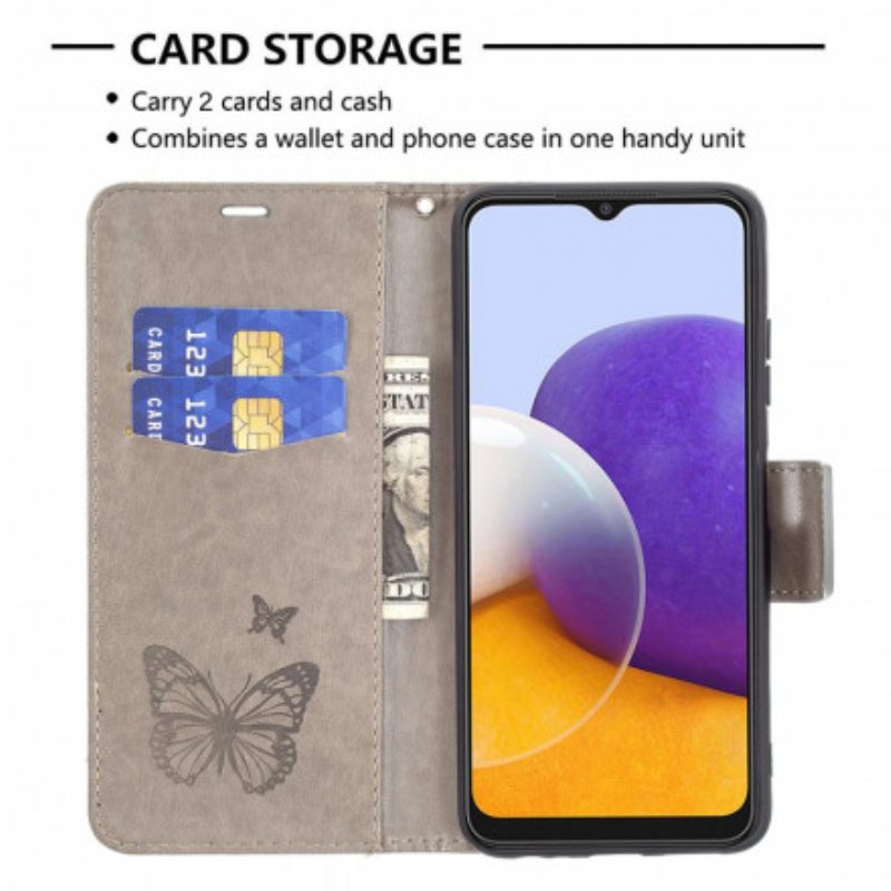 Kotelot Samsung Galaxy A22 5G Perhosia Lennossa Lanyardin Kanssa