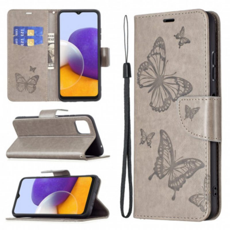 Kotelot Samsung Galaxy A22 5G Perhosia Lennossa Lanyardin Kanssa