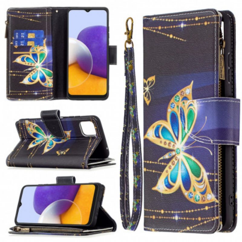 Nahkakotelo Samsung Galaxy A22 5G Butterflies Art Vetoketjullinen Pussi