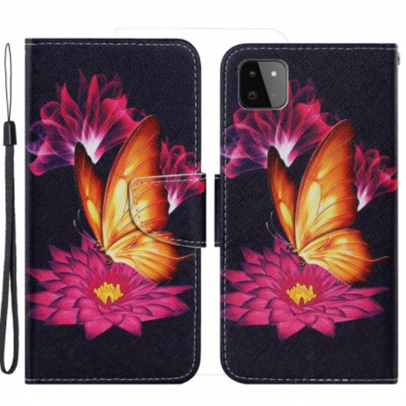 Nahkakotelo Samsung Galaxy A22 5G Butterfly Ja Lotus
