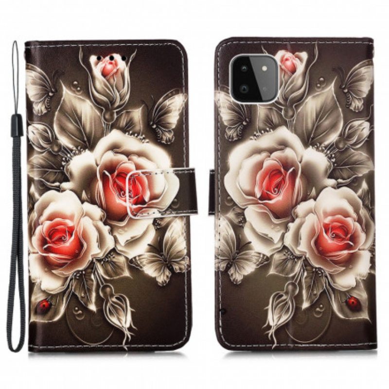 Nahkakotelo Samsung Galaxy A22 5G Kultaiset Ruusut
