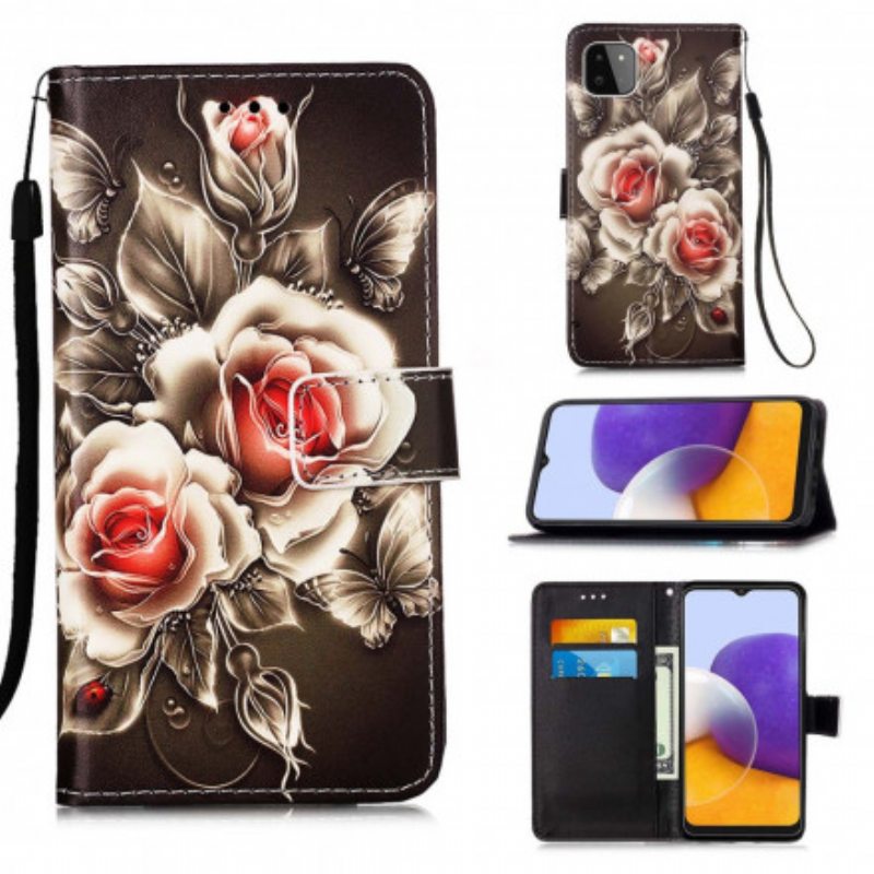 Nahkakotelo Samsung Galaxy A22 5G Kultaiset Ruusut