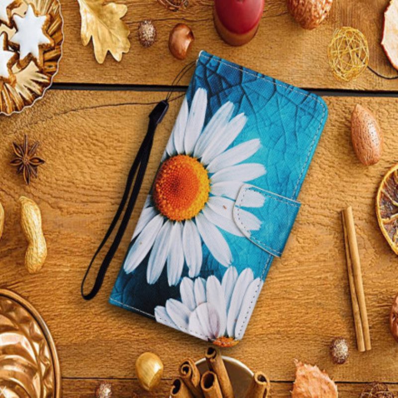 Nahkakotelo Samsung Galaxy A22 5G Mestarilliset Kukat Hihnalla