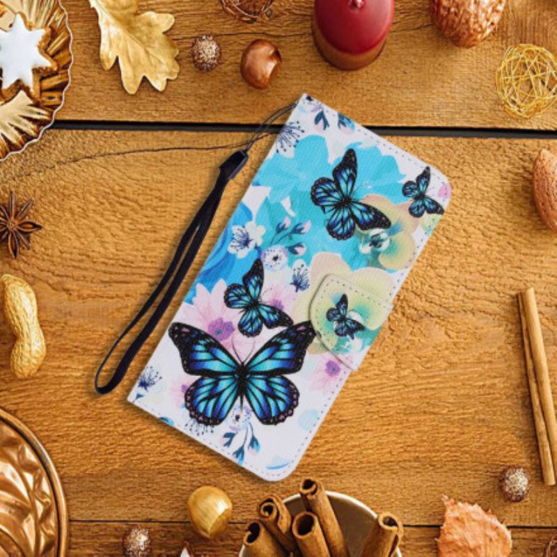 Nahkakotelo Samsung Galaxy A22 5G Perhosia Ja Kesäkukkia