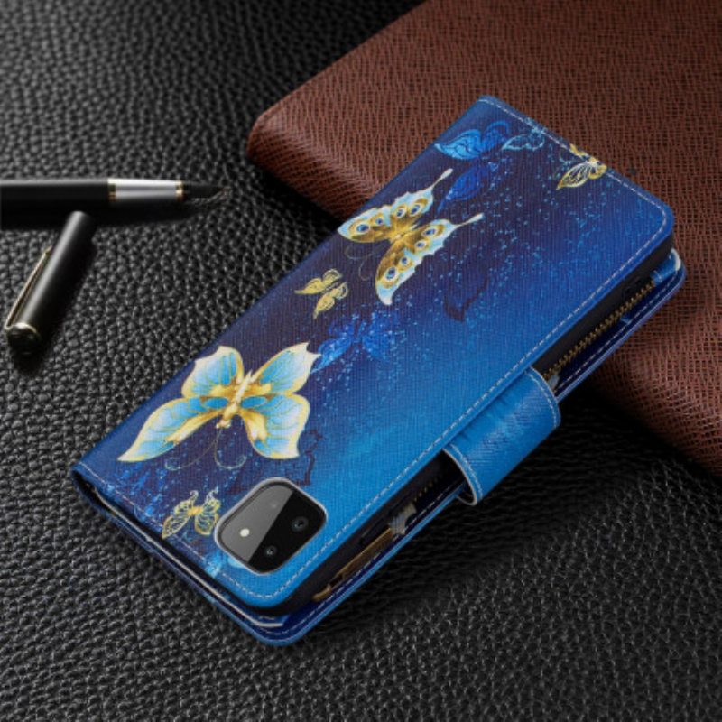 Nahkakotelo Samsung Galaxy A22 5G Perhosten Vetoketjullinen Tasku