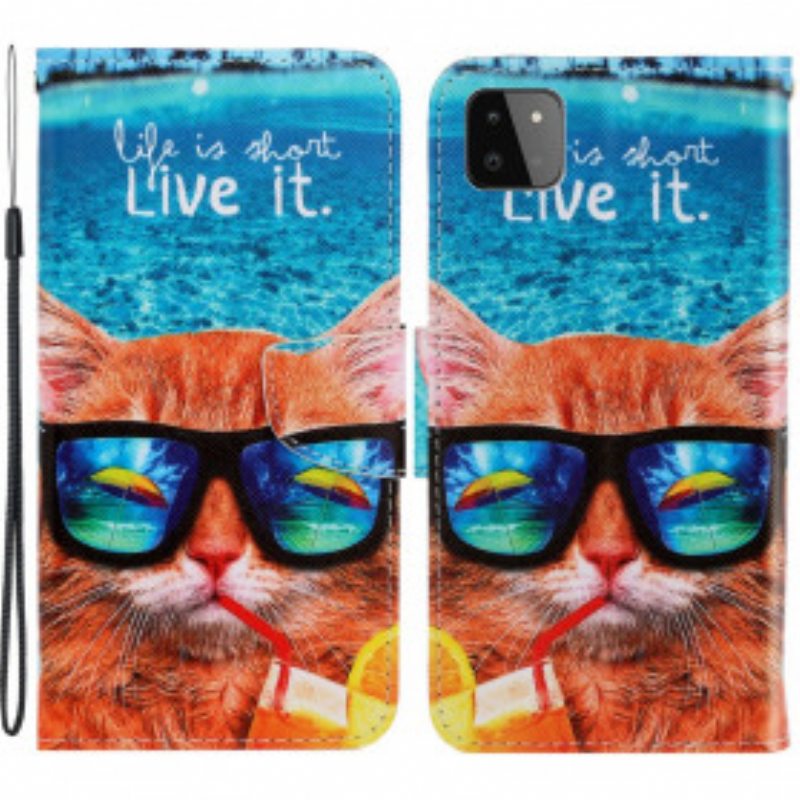 Nahkakotelo Samsung Galaxy A22 5G Suojaketju Kuori Cat Live It Strappy