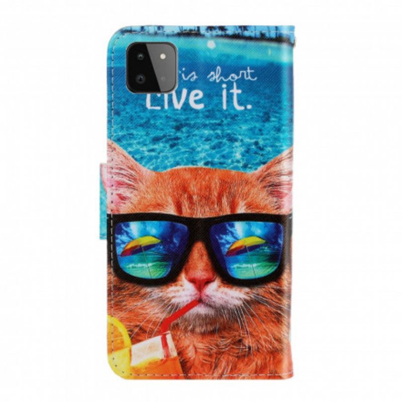 Nahkakotelo Samsung Galaxy A22 5G Suojaketju Kuori Cat Live It Strappy