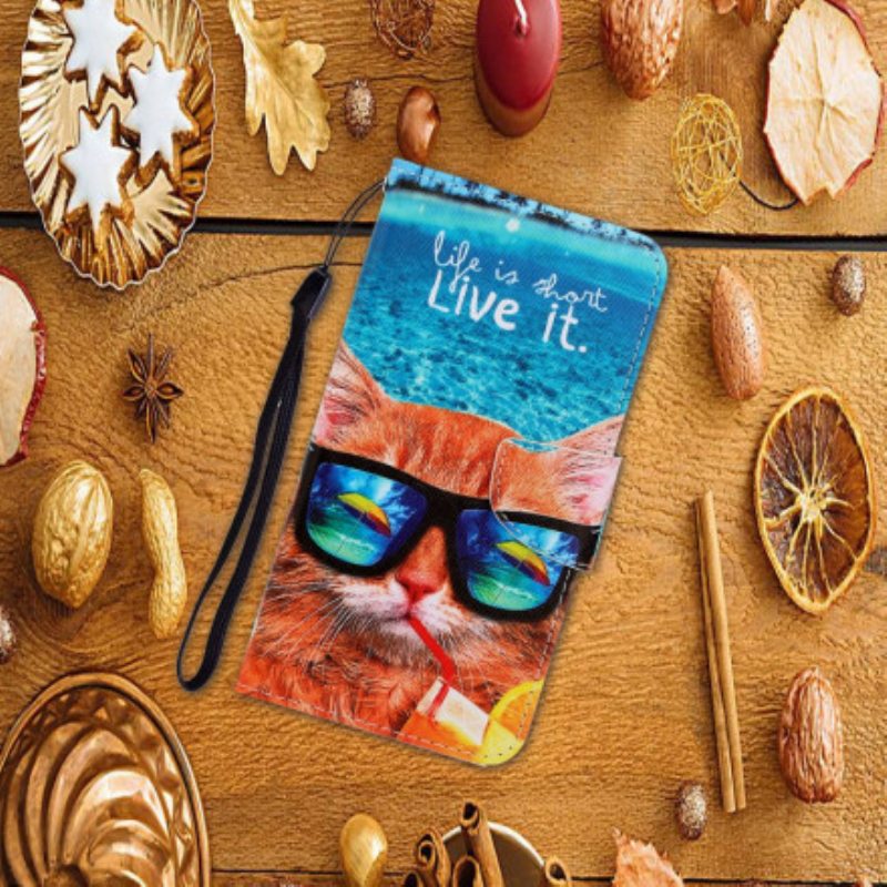 Nahkakotelo Samsung Galaxy A22 5G Suojaketju Kuori Cat Live It Strappy