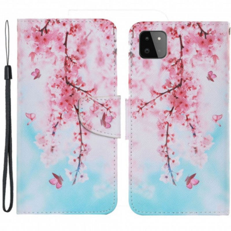 Nahkakotelo Samsung Galaxy A22 5G Suojaketju Kuori Punaiset Oksat Hihnalla