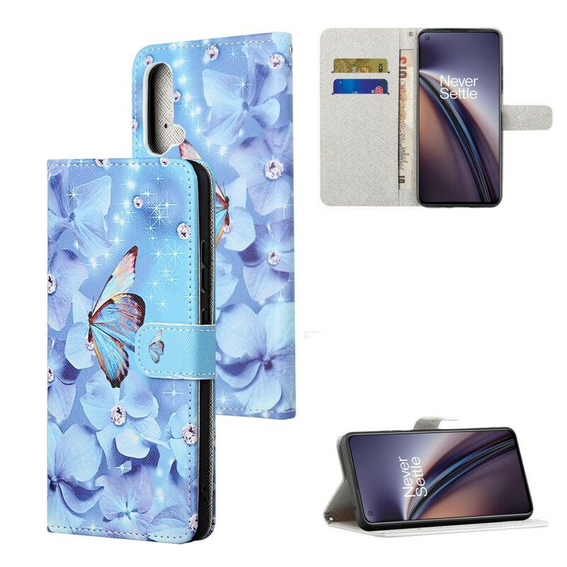 Flip Case OnePlus Nord CE 5G Suojaketju Kuori Strappy Diamond Perhoset