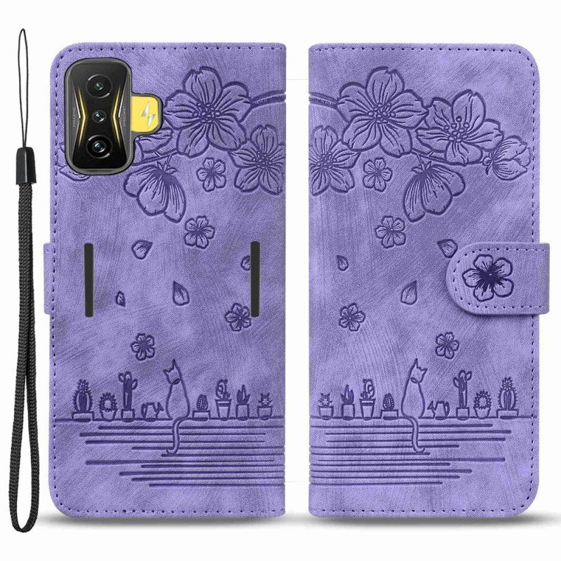 Flip Case Poco F4 Suojaketju Kuori Kukkainen Thong Cat