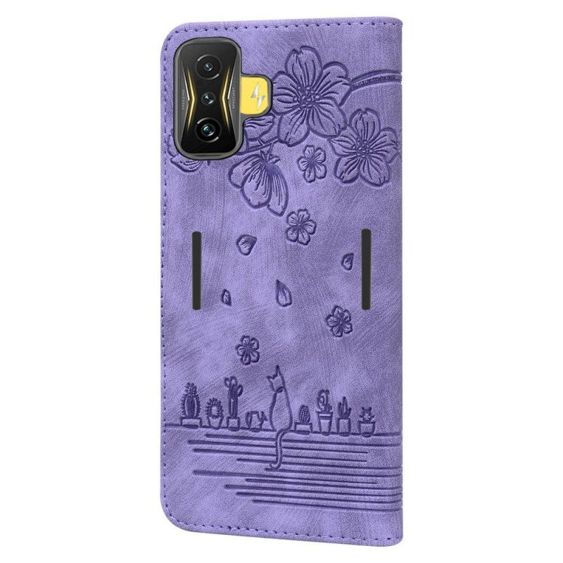 Flip Case Poco F4 Suojaketju Kuori Kukkainen Thong Cat