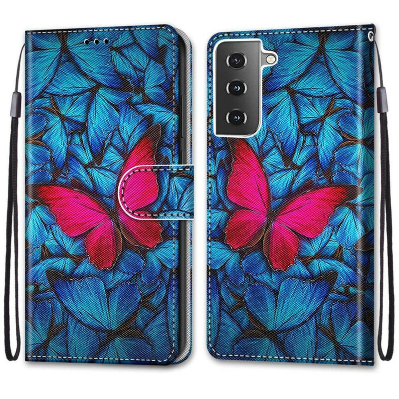 Kotelot Samsung Galaxy S21 5G Punainen Perhonen Sininen Tausta