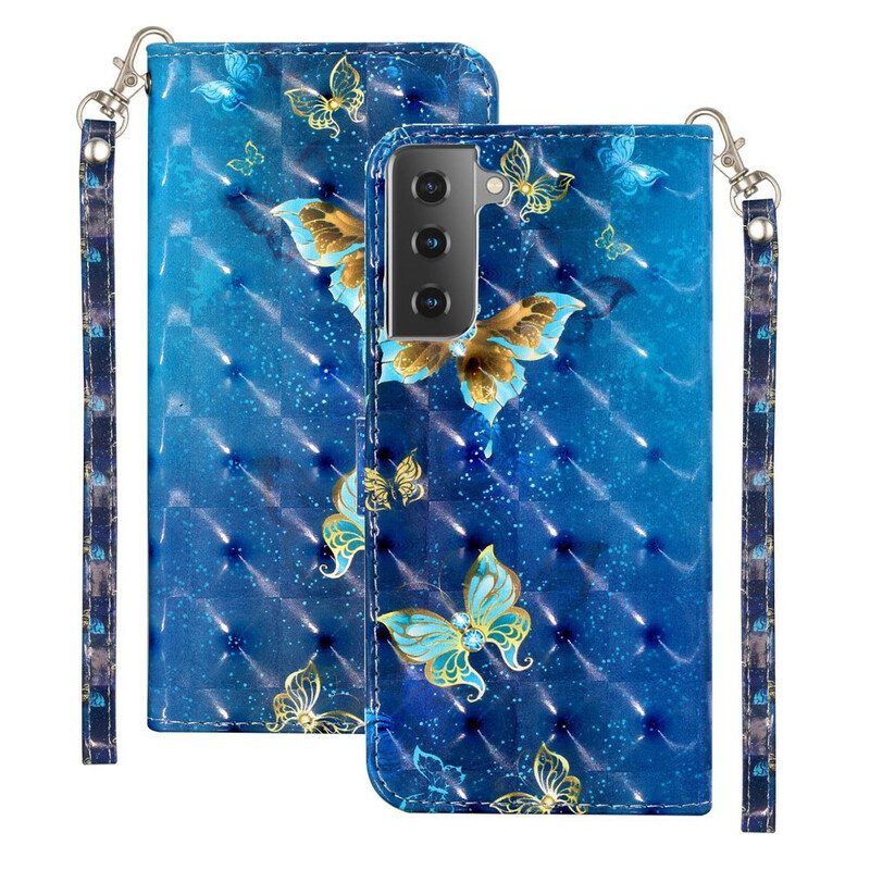 Kotelot Samsung Galaxy S21 5G Vaaleapilkkuperhoset Kaulanauhalla