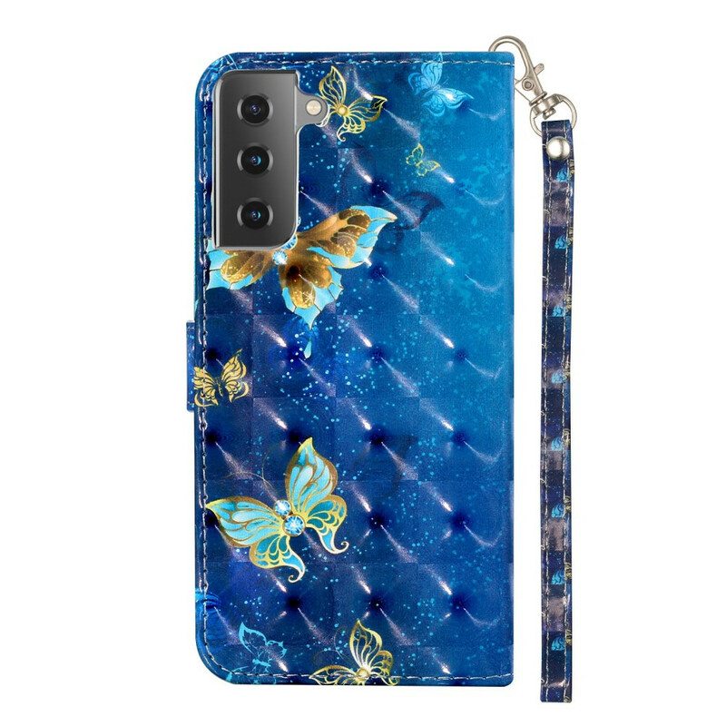 Kotelot Samsung Galaxy S21 5G Vaaleapilkkuperhoset Kaulanauhalla